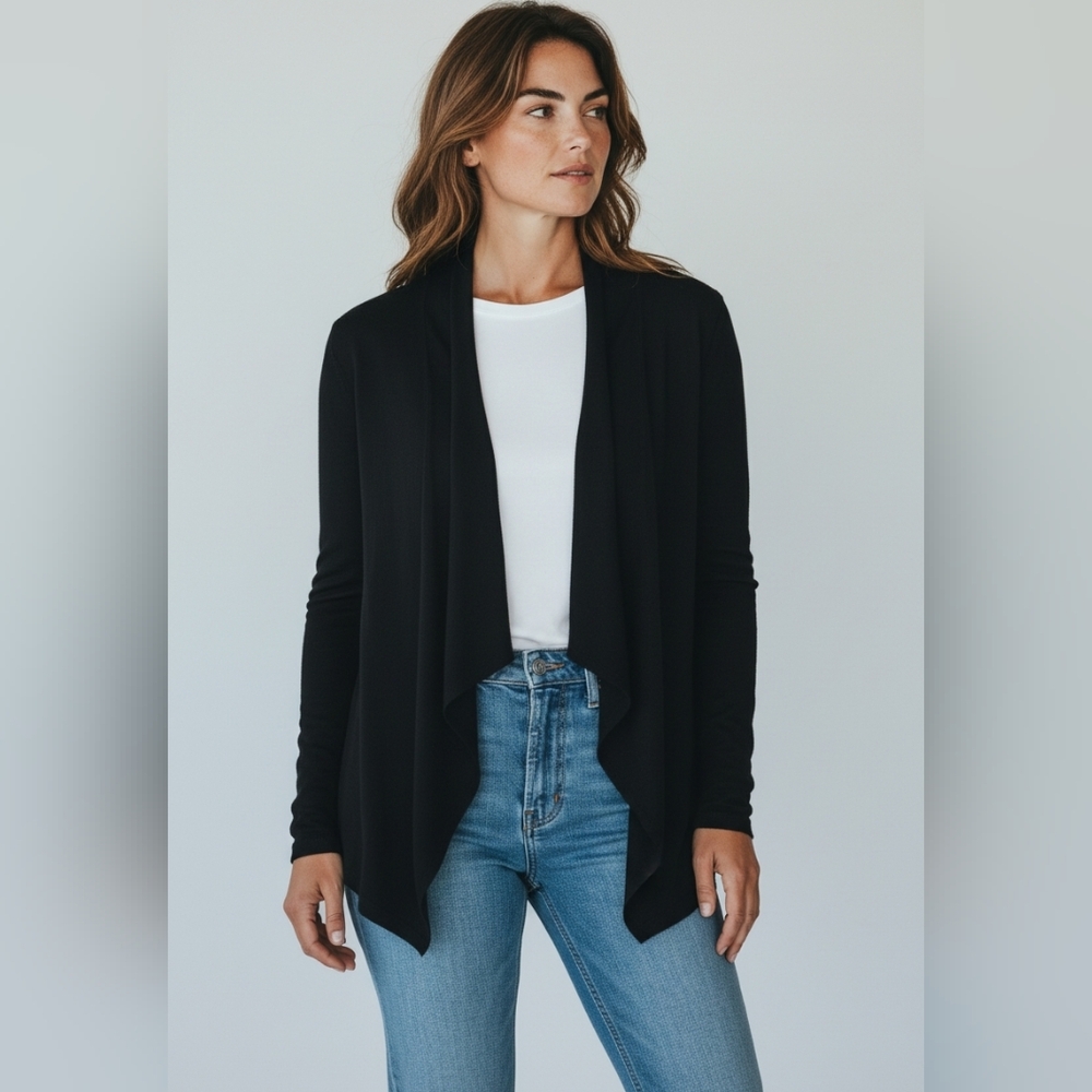 Vince Merino Wool Blend Open Front Black Waterfall Cardigan Sweater Size Small